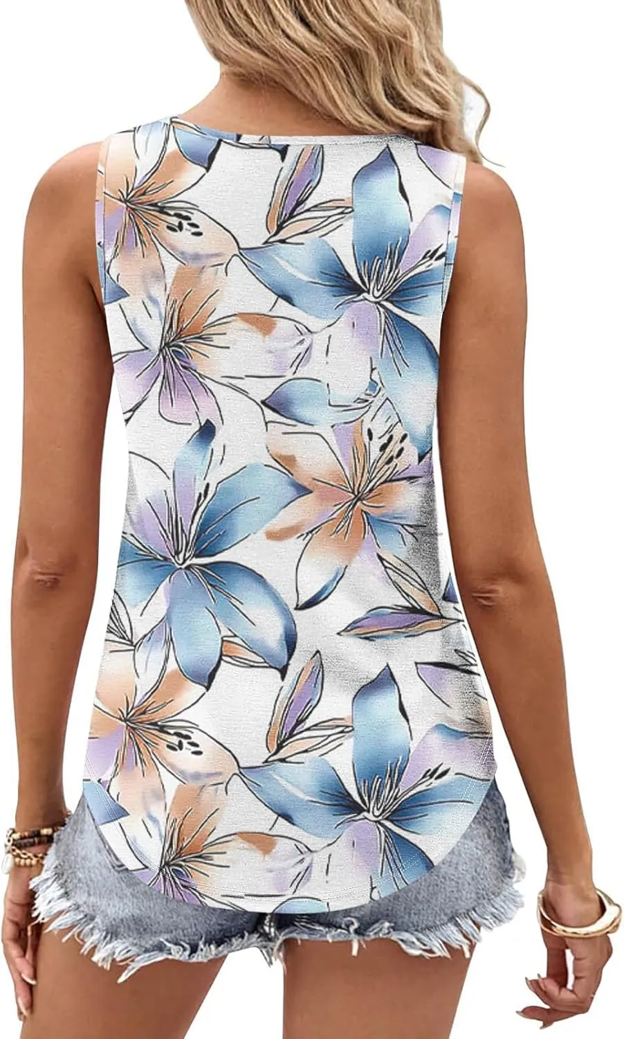 Tank Top for Women Summer Sleeveless Crew Neck Outfits Fashion Floral Print Beach Vacation Tops Trendy Dressy Shirt