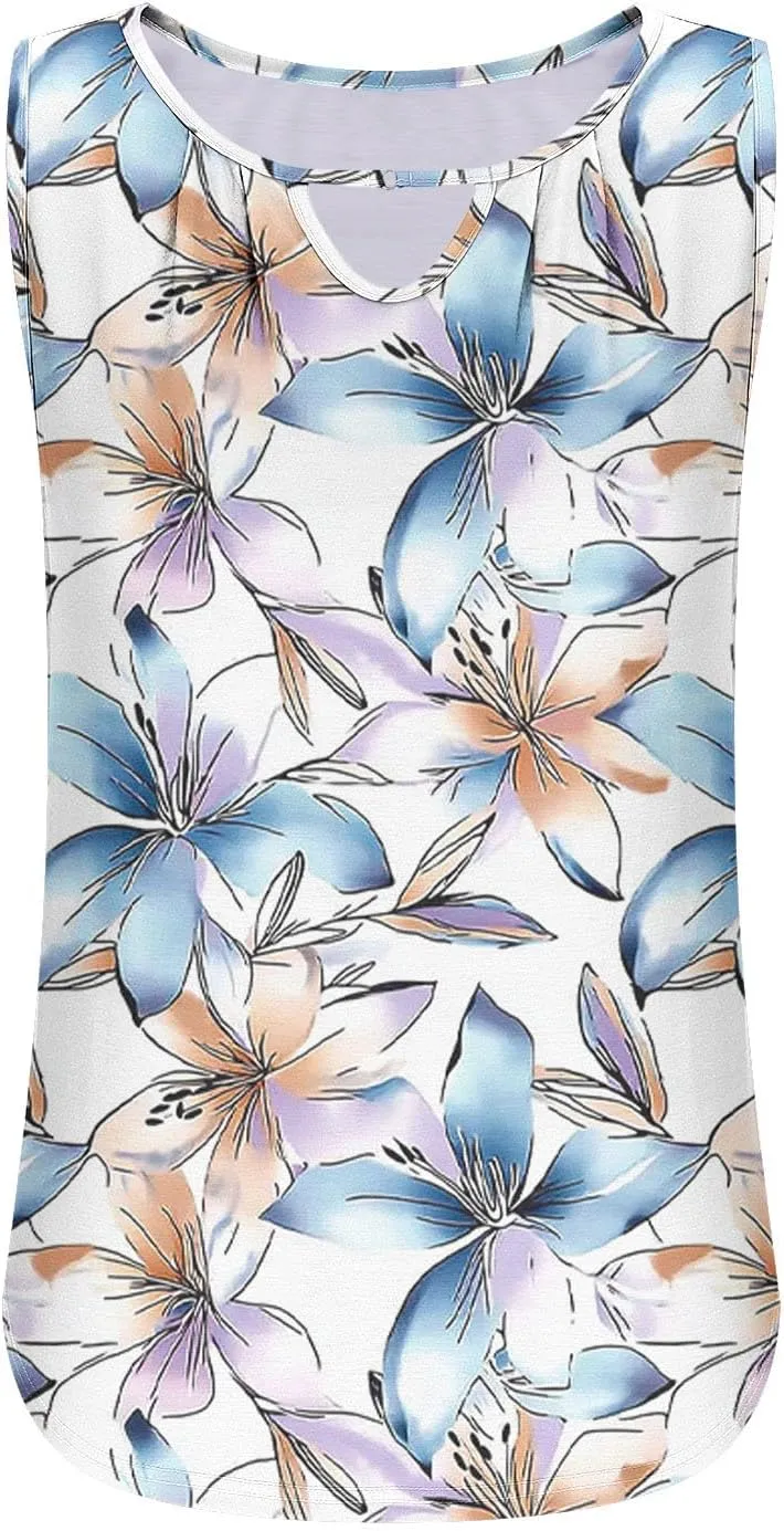 Tank Top for Women Summer Sleeveless Crew Neck Outfits Fashion Floral Print Beach Vacation Tops Trendy Dressy Shirt