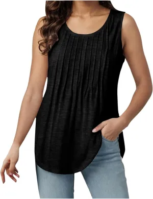 Tank Tops for Women 2025 Summer Sleeveless Pleated Crewneck Shirts Dressy Casual Beach Vacation Clothes