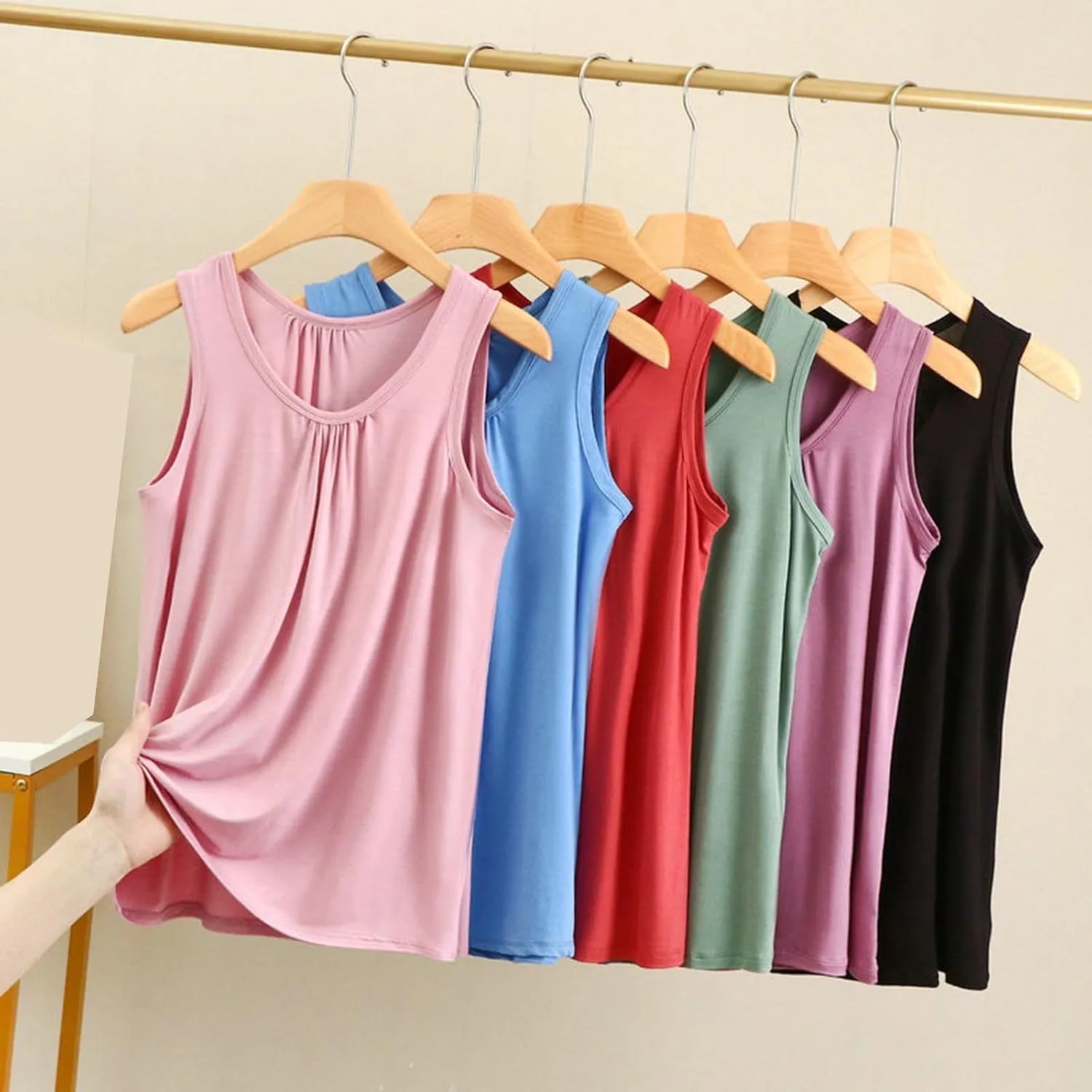 Tank Tops for Women Round Neck Pleated Tunics Cute Solid Color Sleeveless Shirts Comfy Going Out Blouse