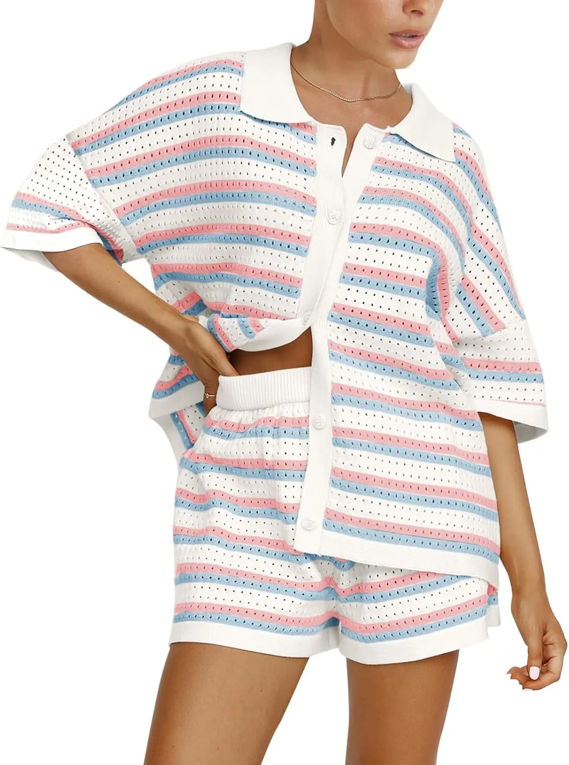 Tankaneo Womens Short Sleeve Striped Pajama Sets Color Block Crochet Knit Button Top and Shorts 2 Piece Lounge Sets