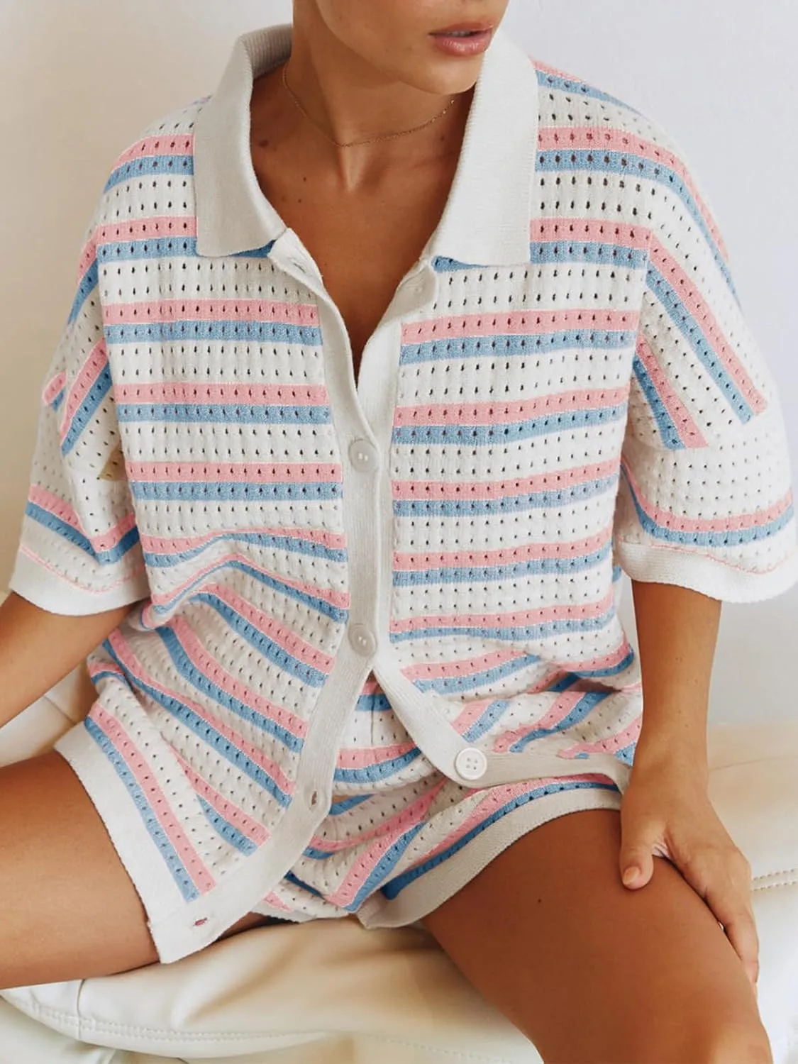 Tankaneo Womens Short Sleeve Striped Pajama Sets Color Block Crochet Knit Button Top and Shorts 2 Piece Lounge Sets