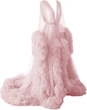 Tianzhihe Puffy Tulle Robe Maternity Dress for Photoshoot Long Sheer Bridal Robe Baby Shower Dress Pregancy Gown Nightgown
