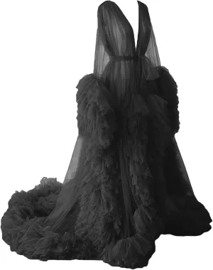 Tianzhihe Puffy Tulle Robe Maternity Dress for Photoshoot Long Sheer Bridal Robe Baby Shower Dress Pregancy Gown Nightgown