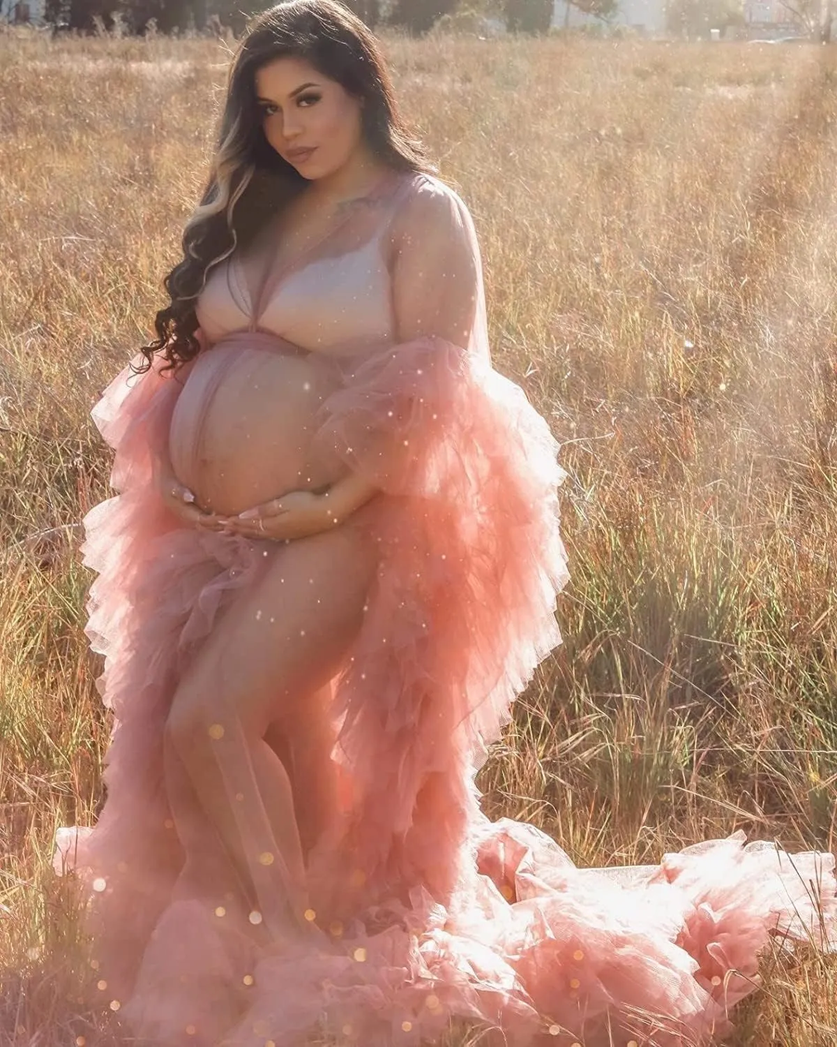 Tianzhihe Puffy Tulle Robe Maternity Dress for Photoshoot Long Sheer Bridal Robe Baby Shower Dress Pregancy Gown Nightgown