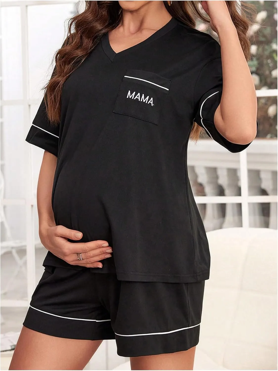 Verdusa Women's Maternity Pajama Sets 2 Piece Short Sleeve Top and Short Lounge Set
