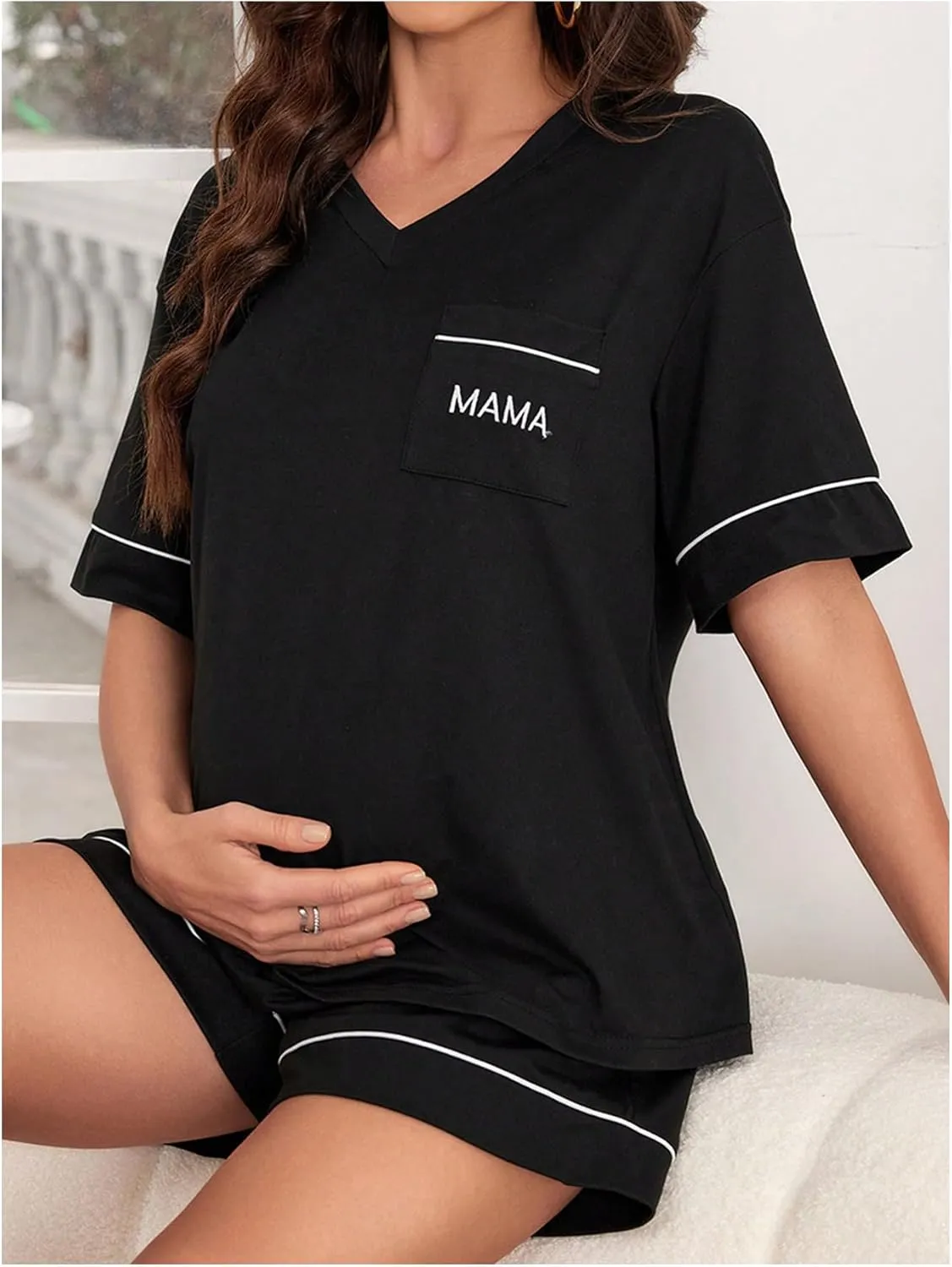 Verdusa Women's Maternity Pajama Sets 2 Piece Short Sleeve Top and Short Lounge Set