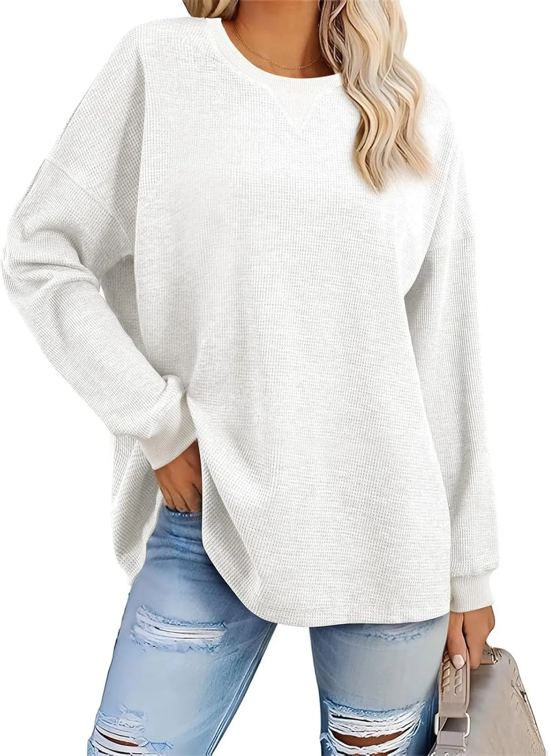 Waffle Oversized Sweatshirts for Women Long Sleeve Crewneck Pullovers 2025 Spring Fall Casual Shirts Fashion Tunics