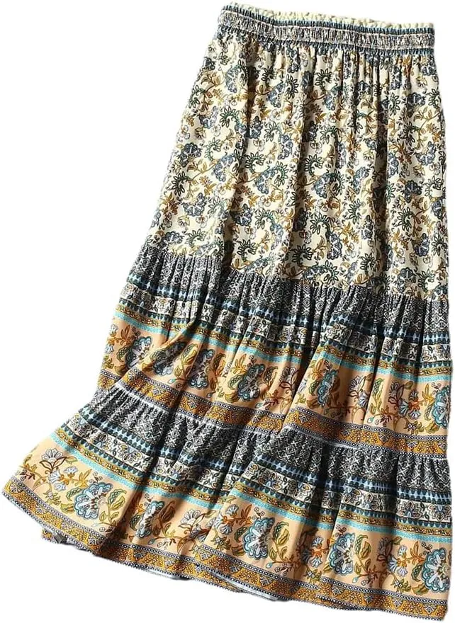 Women Boho Skirts High Waist Gothic Floral Printing Maxi Skirts Beach Style Peacock A-Line Robes