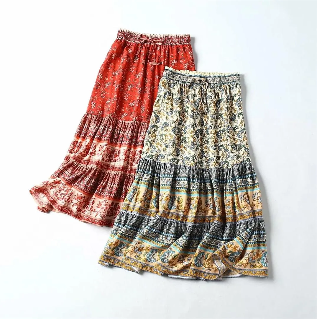 Women Boho Skirts High Waist Gothic Floral Printing Maxi Skirts Beach Style Peacock A-Line Robes