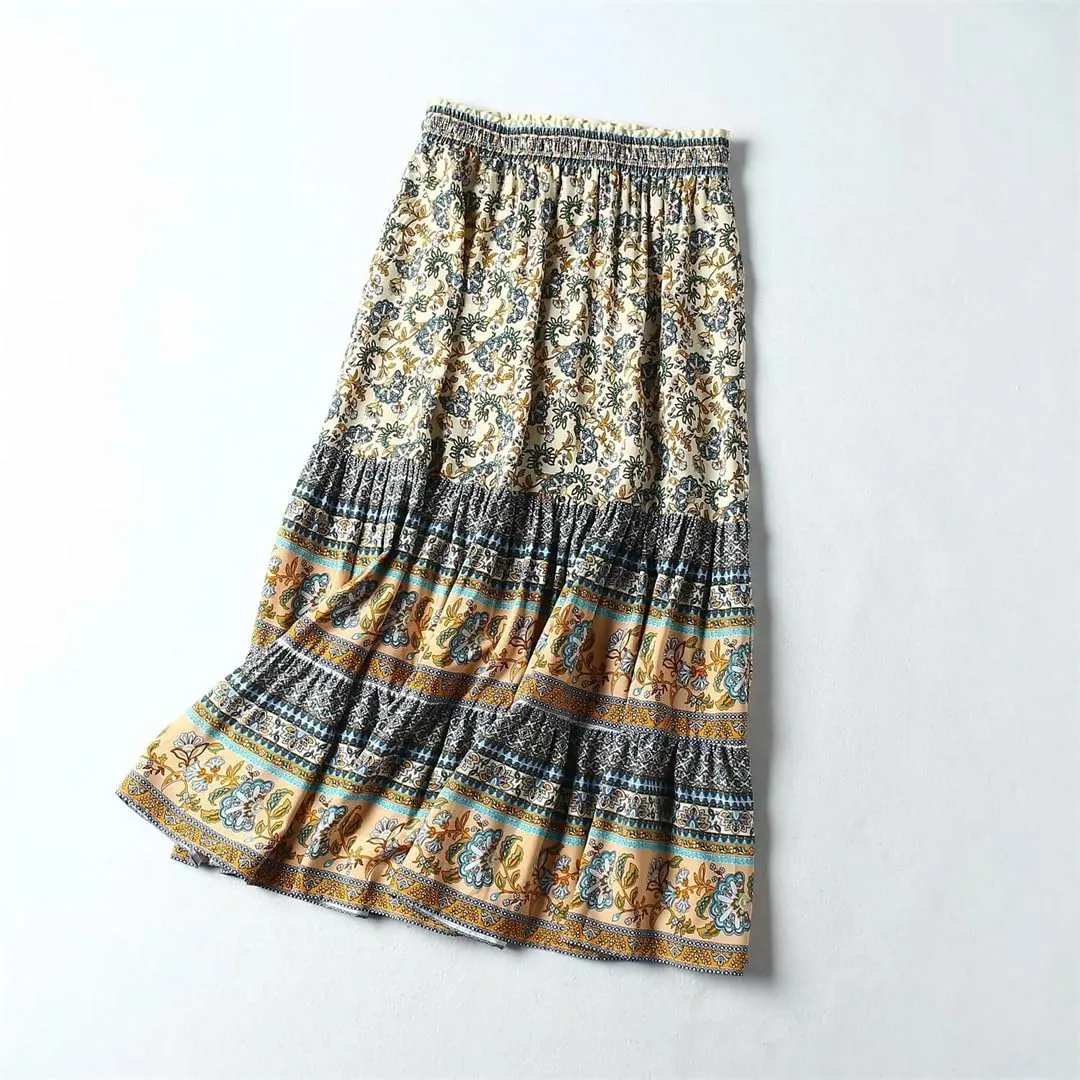 Women Boho Skirts High Waist Gothic Floral Printing Maxi Skirts Beach Style Peacock A-Line Robes