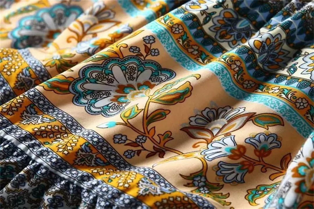 Women Boho Skirts High Waist Gothic Floral Printing Maxi Skirts Beach Style Peacock A-Line Robes