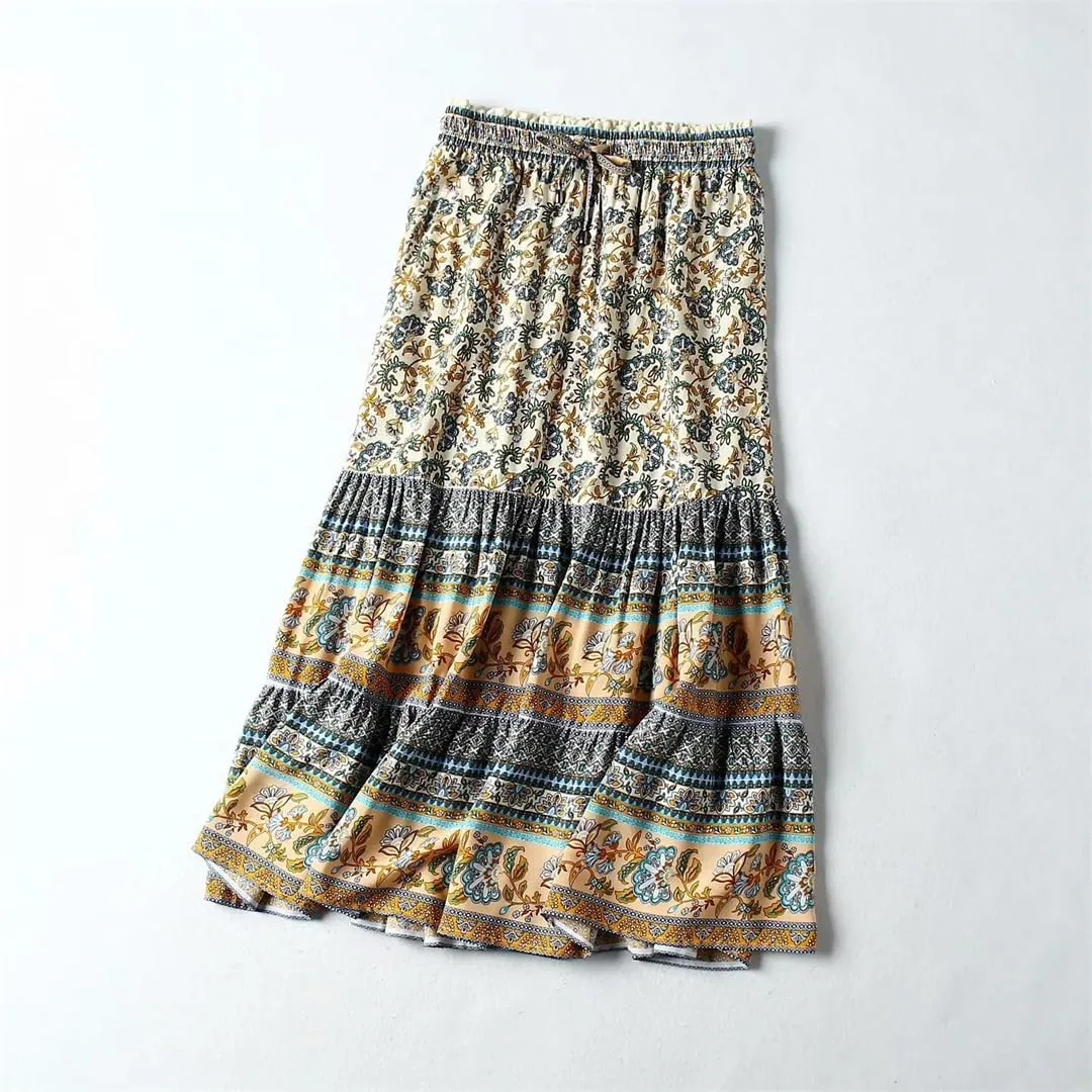 Women Boho Skirts High Waist Gothic Floral Printing Maxi Skirts Beach Style Peacock A-Line Robes