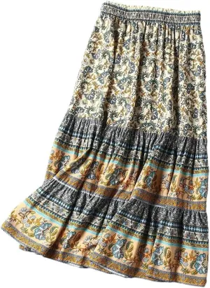 Women Boho Skirts High Waist Gothic Floral Printing Maxi Skirts Beach Style Peacock A-Line Robes