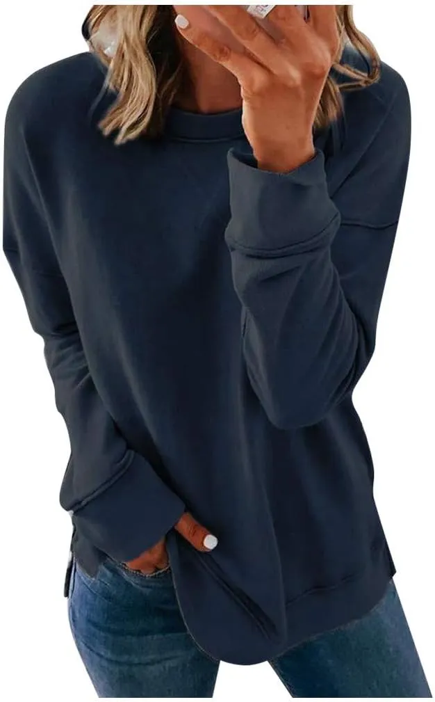 Women Casual Crewneck Sweatshirts Plus Size Long Sleeve Color Block Side Split Lightweight Loose Pullover Blouse Tops