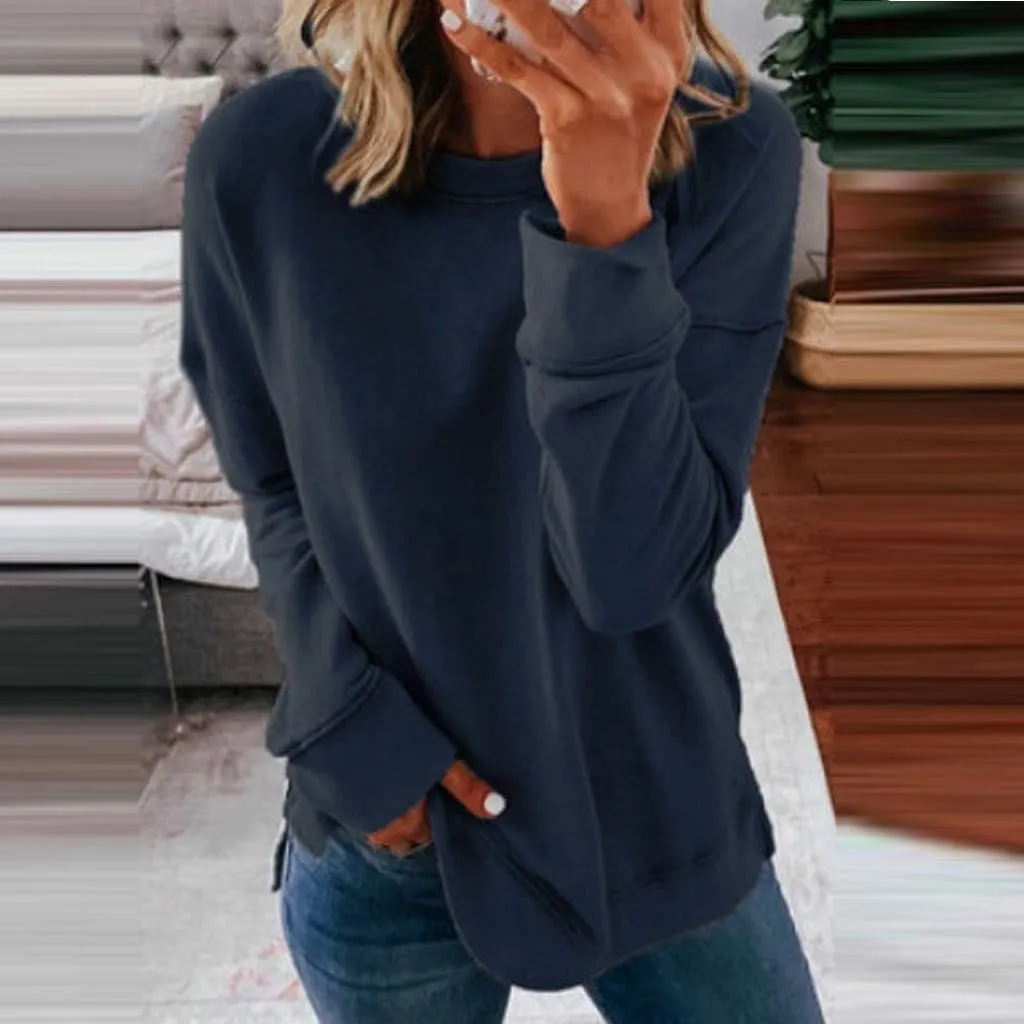 Women Casual Crewneck Sweatshirts Plus Size Long Sleeve Color Block Side Split Lightweight Loose Pullover Blouse Tops