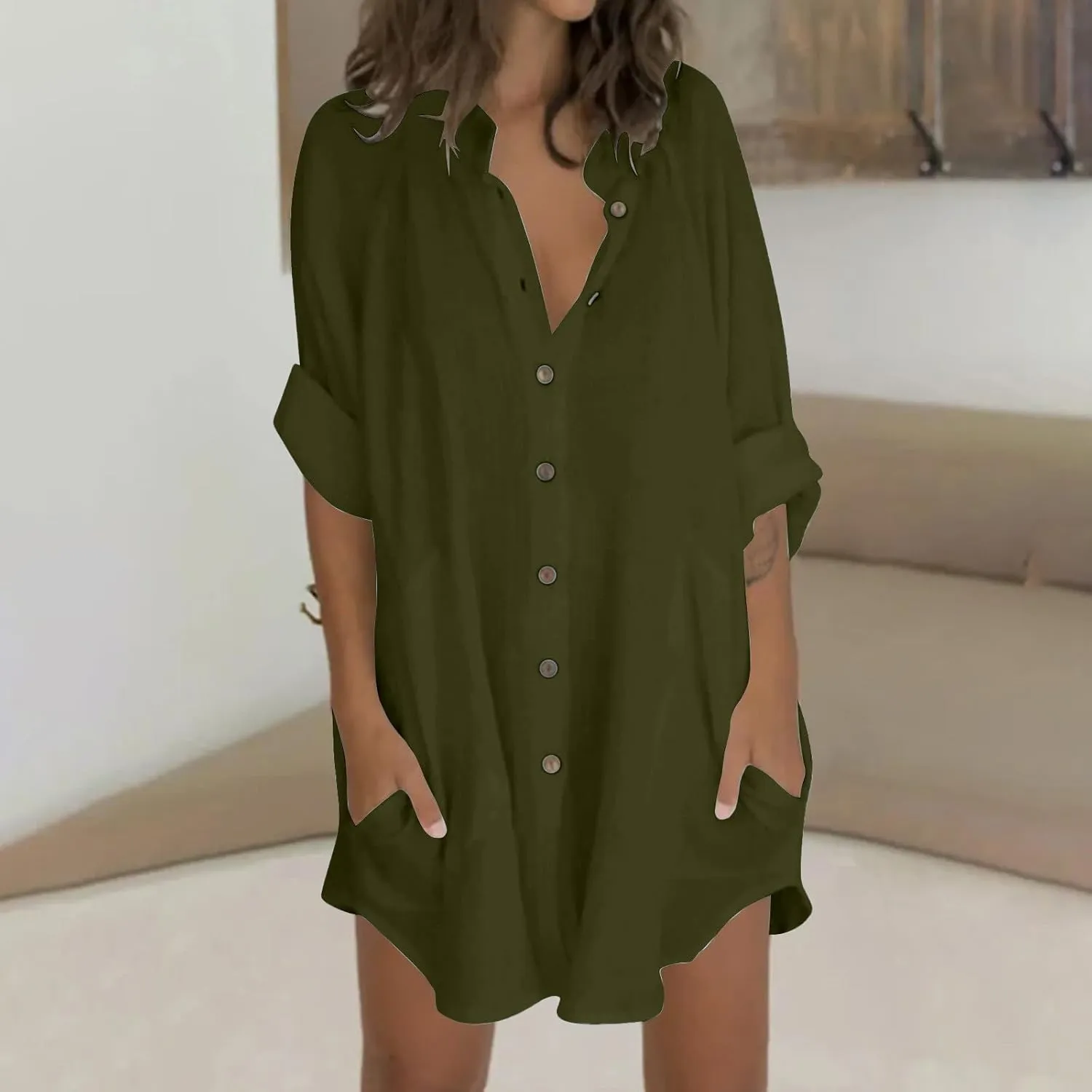 Women Cotton Linen Shirts Button Down Tunics Beach Swimsuit Coverups Long Sleeve Summer Spring Blouse Tops Tshirts