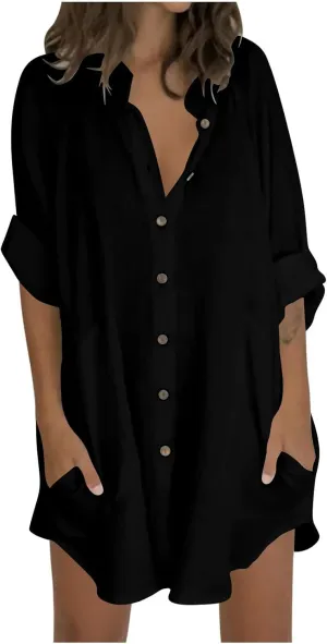 Women Cotton Linen Shirts Button Down Tunics Beach Swimsuit Coverups Long Sleeve Summer Spring Blouse Tops Tshirts