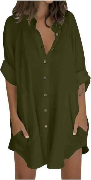 Women Cotton Linen Shirts Button Down Tunics Beach Swimsuit Coverups Long Sleeve Summer Spring Blouse Tops Tshirts