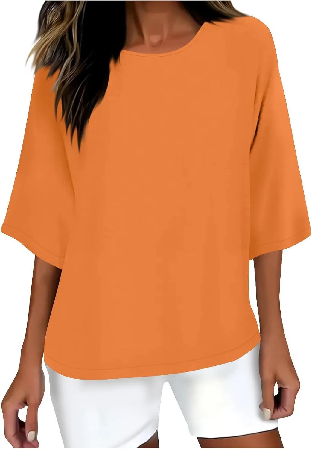 Women Crewneck 3/4 Length Sleeve Cotton Linen Shirts Summer Loose Casual Basic Tee Trendy Beach Going Out Tunic Tops