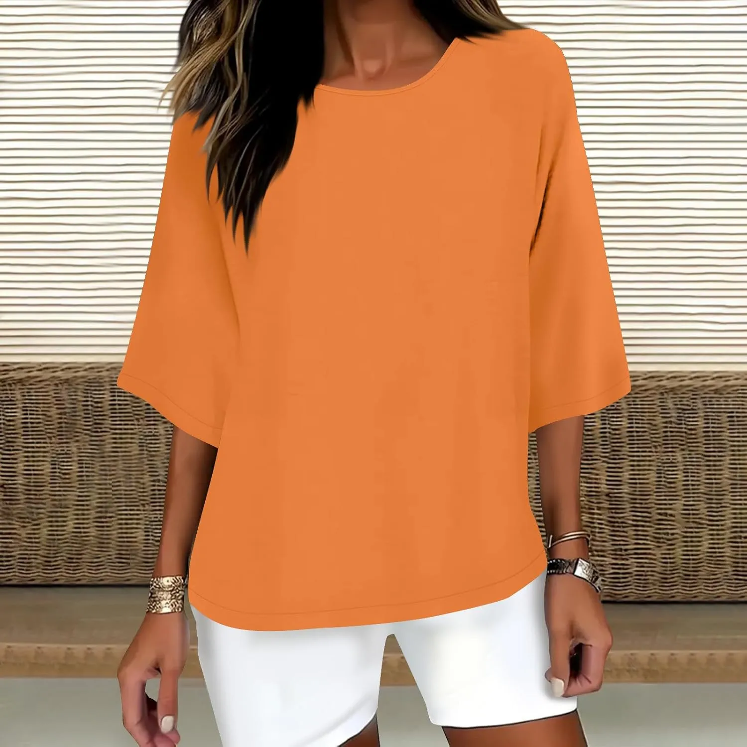Women Crewneck 3/4 Length Sleeve Cotton Linen Shirts Summer Loose Casual Basic Tee Trendy Beach Going Out Tunic Tops