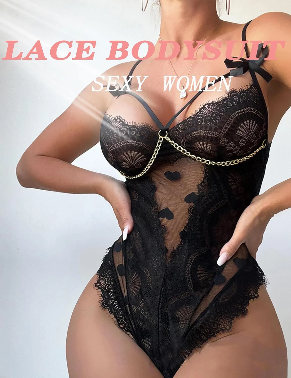 Women One Piece Lingerie Match Gold Chain Sleeveless Deep V Black Teddy Sexy Lace Bodysuit with Snap Crotch