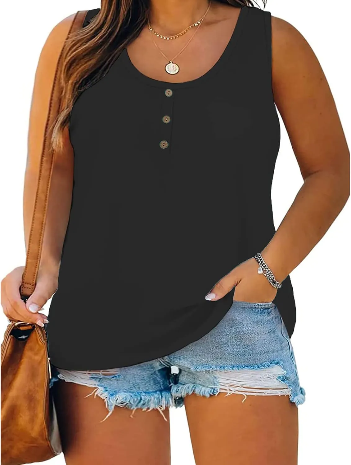 Women Plus Size Tank Tops Summer Sleeveless Henley T-Shirts Tops Casual Button Up Tunics Shirts Loose Fit Basic Tees
