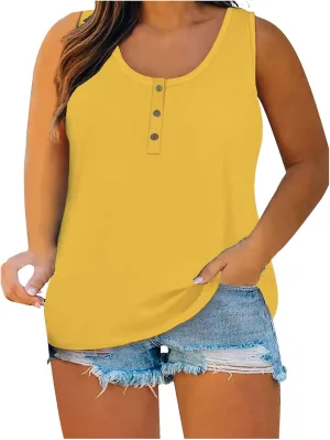 Women Plus Size Tank Tops Summer Sleeveless Henley T-Shirts Tops Casual Button Up Tunics Shirts Loose Fit Basic Tees