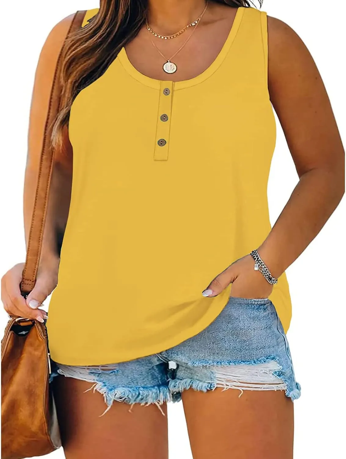 Women Plus Size Tank Tops Summer Sleeveless Henley T-Shirts Tops Casual Button Up Tunics Shirts Loose Fit Basic Tees