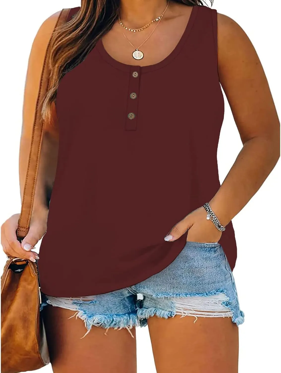 Women Plus Size Tank Tops Summer Sleeveless Henley T-Shirts Tops Casual Button Up Tunics Shirts Loose Fit Basic Tees