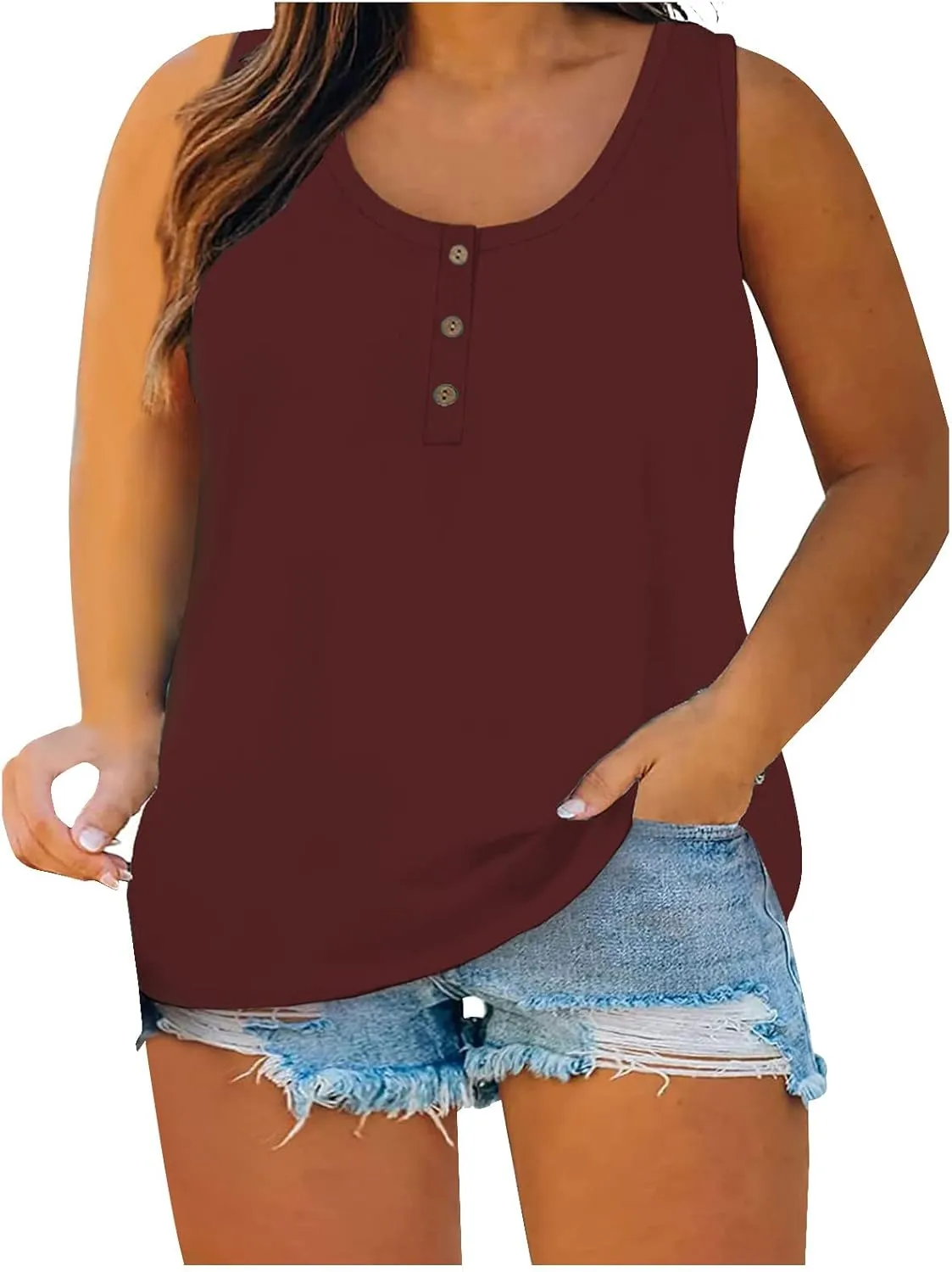 Women Plus Size Tank Tops Summer Sleeveless Henley T-Shirts Tops Casual Button Up Tunics Shirts Loose Fit Basic Tees