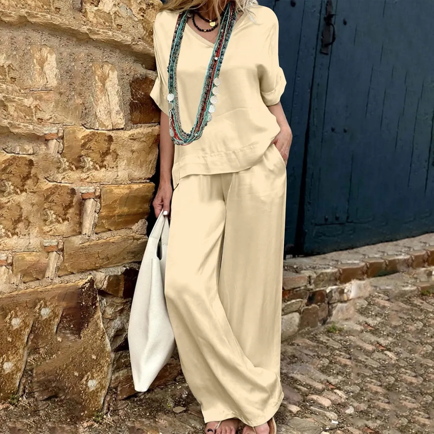 Women Satin Basic Lounge Set Comfy 2 Piece Pajama Outfit Half Sleeve V Neck T Shirts and Wide Leg Pants Sleepwear