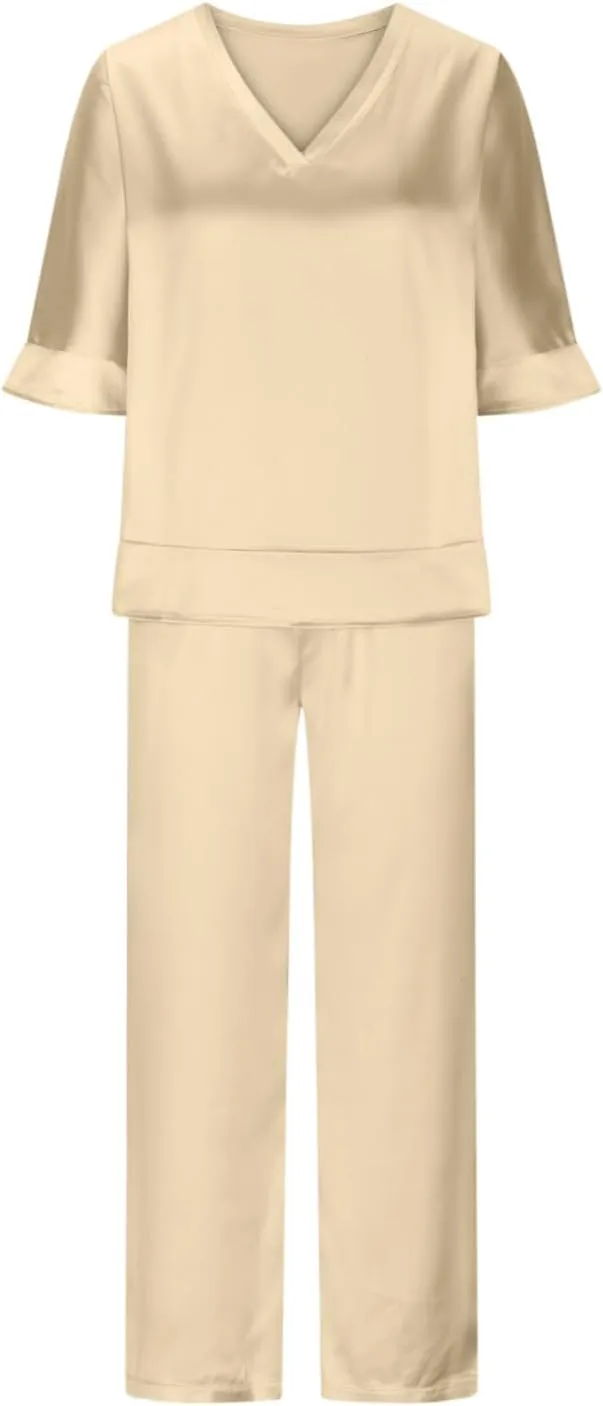 Women Satin Basic Lounge Set Comfy 2 Piece Pajama Outfit Half Sleeve V Neck T Shirts and Wide Leg Pants Sleepwear