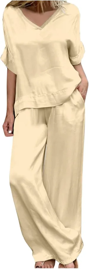 Women Satin Basic Lounge Set Comfy 2 Piece Pajama Outfit Half Sleeve V Neck T Shirts and Wide Leg Pants Sleepwear