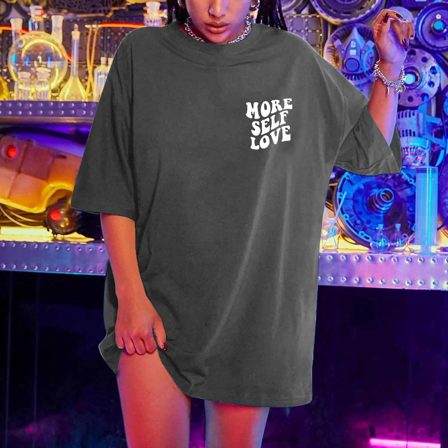 Women T-Shirts Oversized Graphic Funny Letter Printed Tunic Tops Casual Short Sleeve Drop Shoulder Blouse Loose Tee
