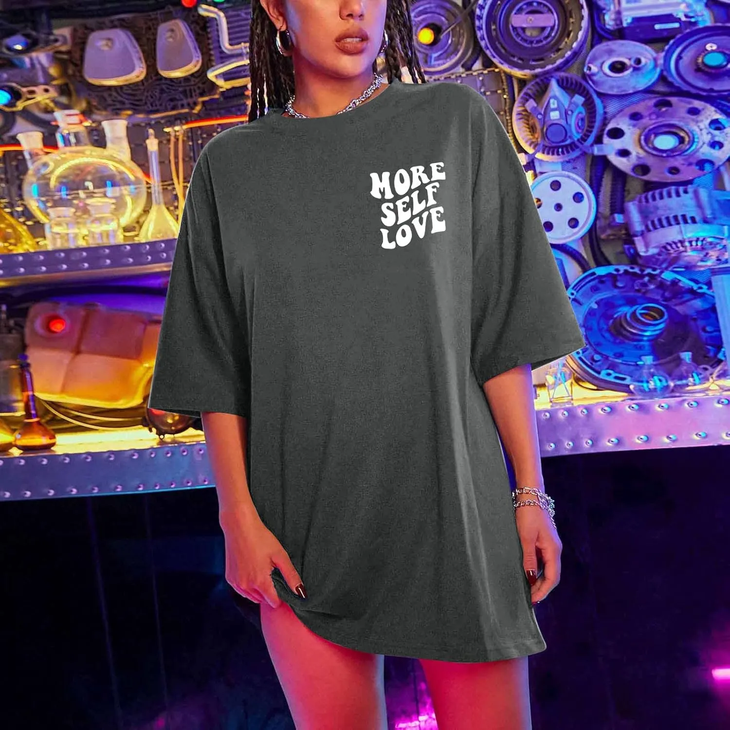 Women T-Shirts Oversized Graphic Funny Letter Printed Tunic Tops Casual Short Sleeve Drop Shoulder Blouse Loose Tee