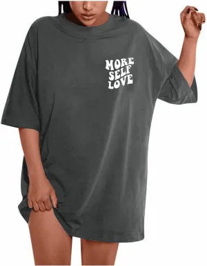 Women T-Shirts Oversized Graphic Funny Letter Printed Tunic Tops Casual Short Sleeve Drop Shoulder Blouse Loose Tee
