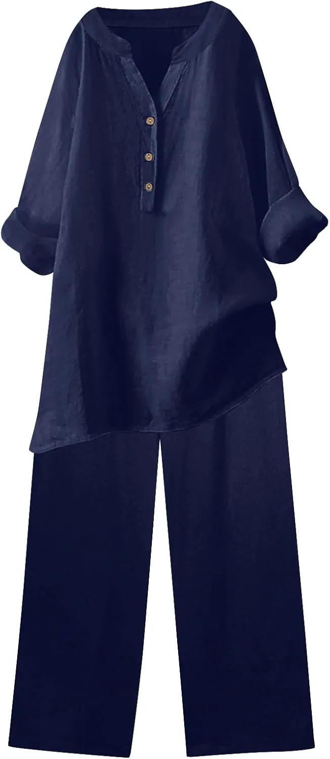 Women's 2 Piece Plus Size Sets Long Sleeve Button Down Shirt Tops Wide Leg Pants Summer Loose Beach Lounge Outfits
