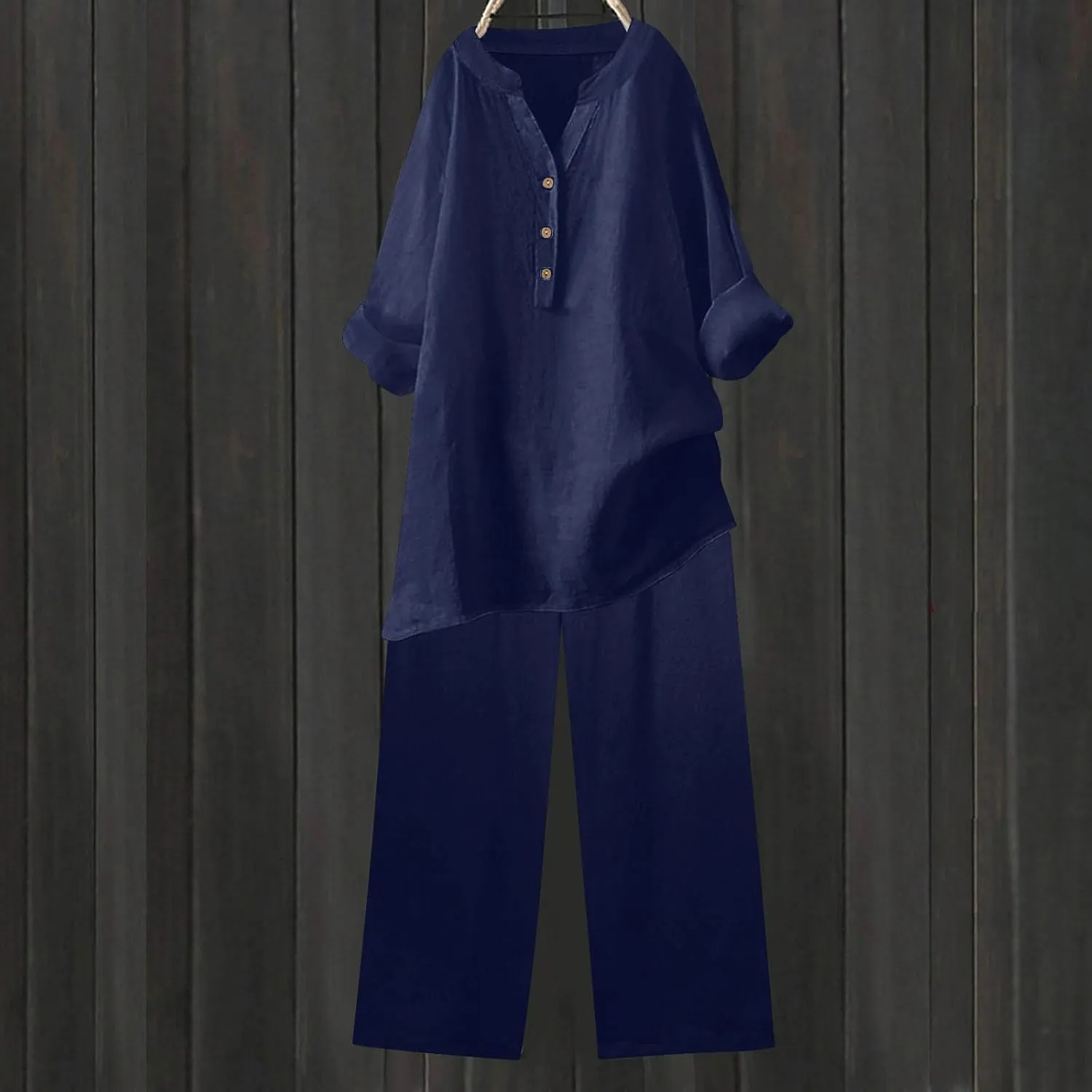 Women's 2 Piece Plus Size Sets Long Sleeve Button Down Shirt Tops Wide Leg Pants Summer Loose Beach Lounge Outfits
