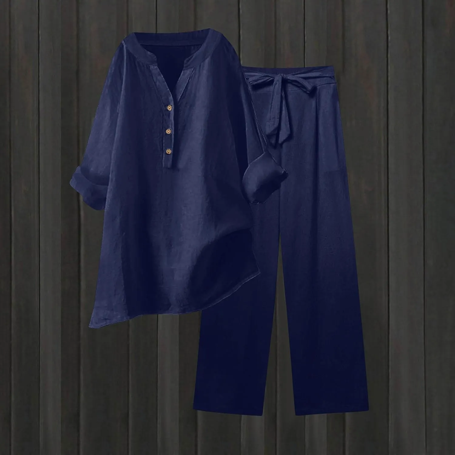 Women's 2 Piece Plus Size Sets Long Sleeve Button Down Shirt Tops Wide Leg Pants Summer Loose Beach Lounge Outfits