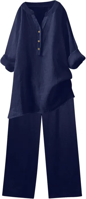 Women's 2 Piece Plus Size Sets Long Sleeve Button Down Shirt Tops Wide Leg Pants Summer Loose Beach Lounge Outfits