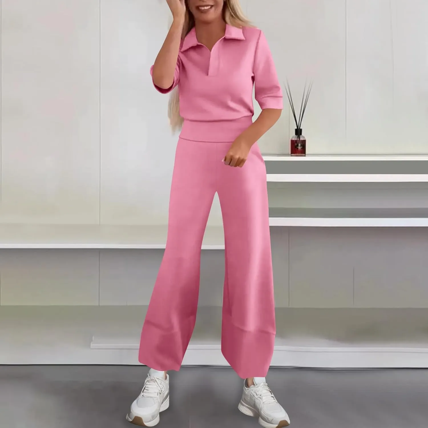 Women's 2 Piece Tracksuit Set Lapel Neck Short Sleeve T Shirts High Waist Wide Leg Pants Outfits Athletic Lounge Sets