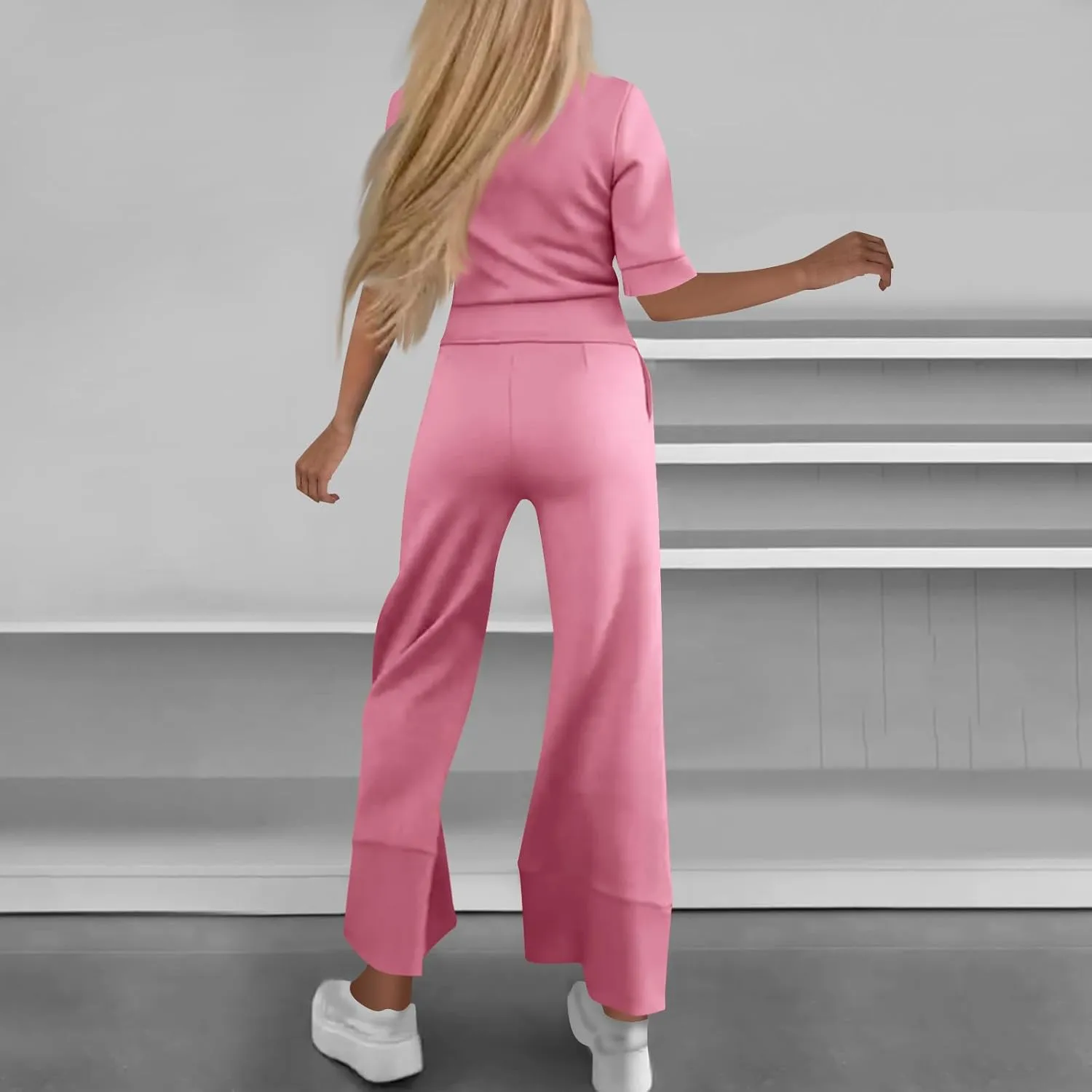 Women's 2 Piece Tracksuit Set Lapel Neck Short Sleeve T Shirts High Waist Wide Leg Pants Outfits Athletic Lounge Sets
