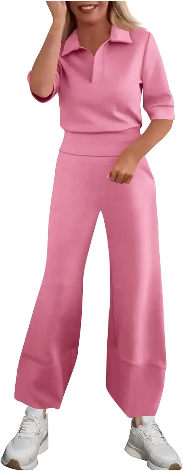 Women's 2 Piece Tracksuit Set Lapel Neck Short Sleeve T Shirts High Waist Wide Leg Pants Outfits Athletic Lounge Sets