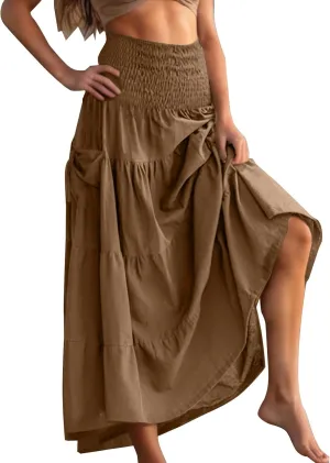 Womens 2025 Boho Skirts High Waisted Smocked Peasant Maxi Skirts Casual Tiered Flowy Long Skort Cottagecore Costume