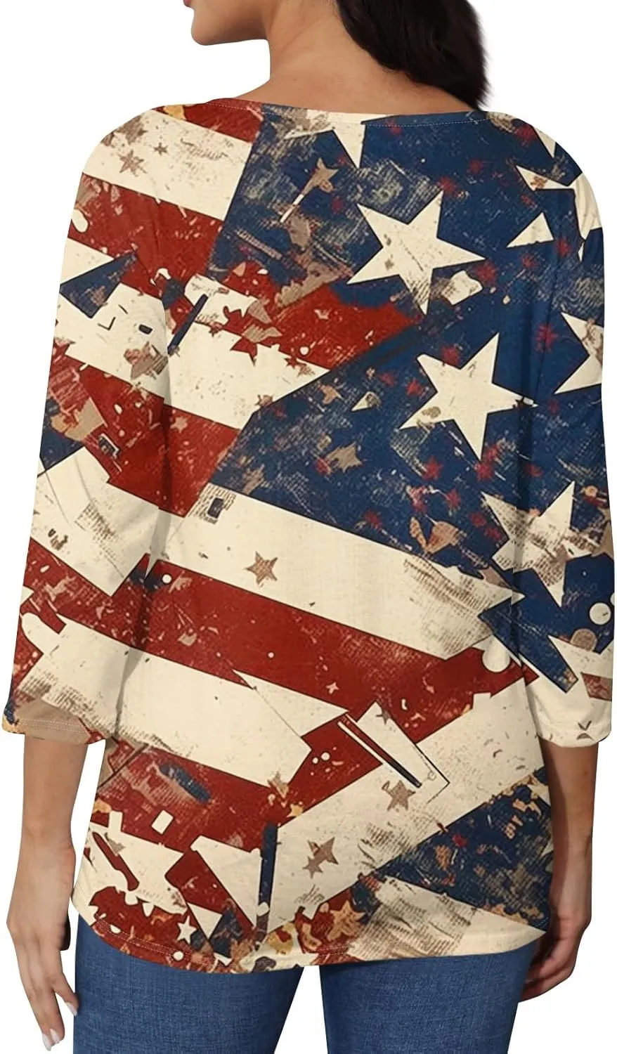 Womens 4th of July Plus Size 3/4 Sleeve Shirts Independence Day Patriotic Casual Tops USA Flag Stars Stripes Blouse
