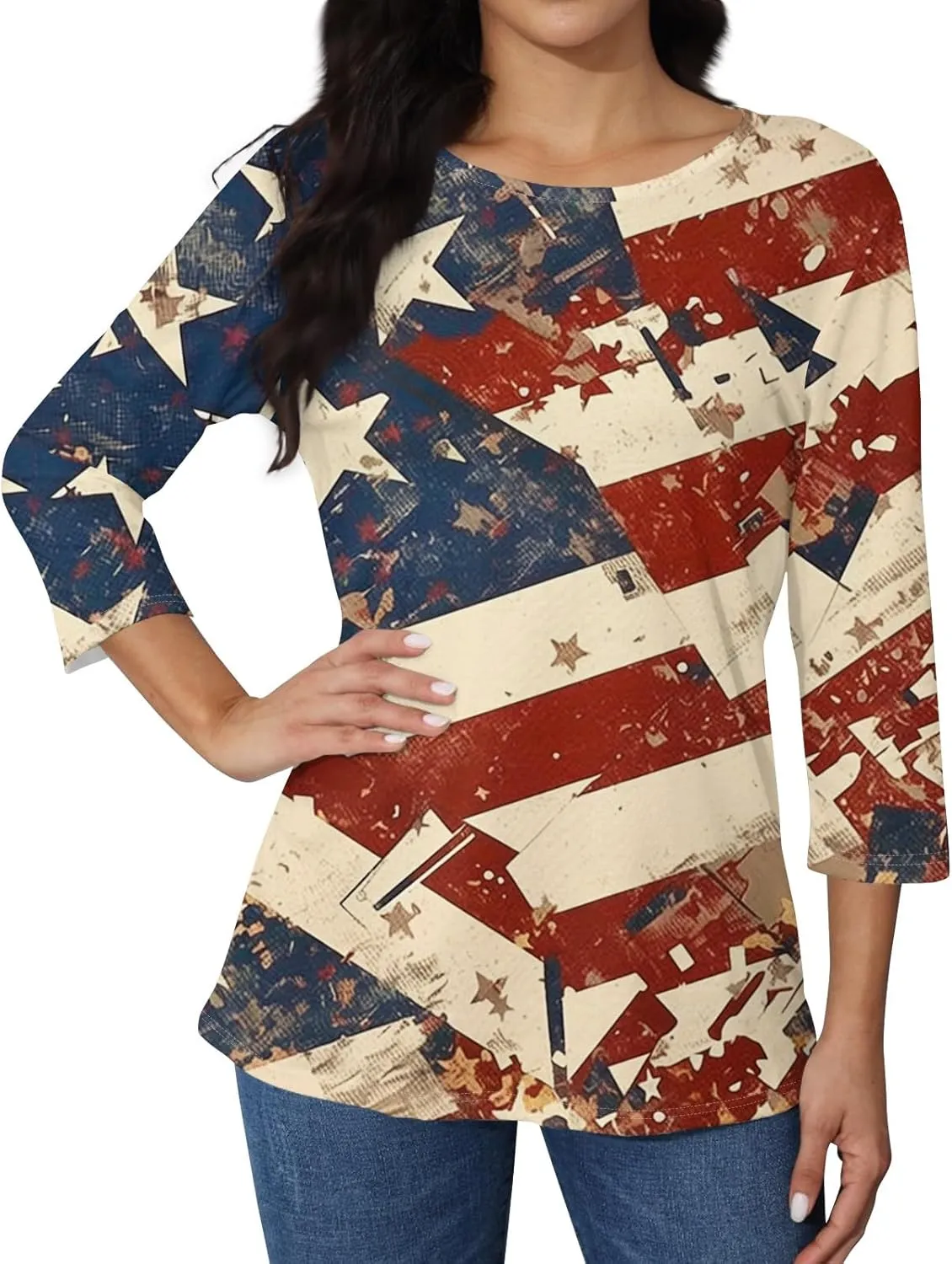 Womens 4th of July Plus Size 3/4 Sleeve Shirts Independence Day Patriotic Casual Tops USA Flag Stars Stripes Blouse
