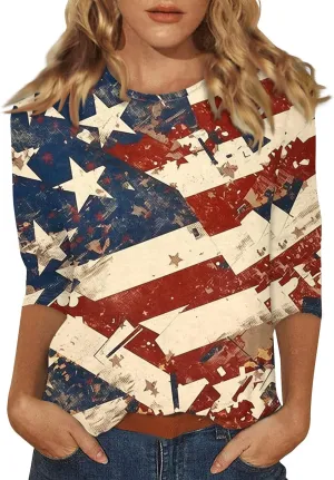 Womens 4th of July Plus Size 3/4 Sleeve Shirts Independence Day Patriotic Casual Tops USA Flag Stars Stripes Blouse