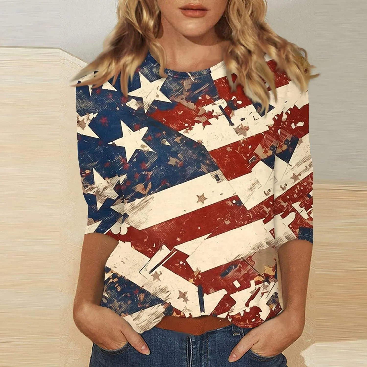 Womens 4th of July Plus Size 3/4 Sleeve Shirts Independence Day Patriotic Casual Tops USA Flag Stars Stripes Blouse