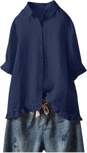 Womens Button Down Shirt Casual 3/4 Sleeve Collared Tops Classiac Fit Cover Shirts Soft Linen Summer Tops Blouses